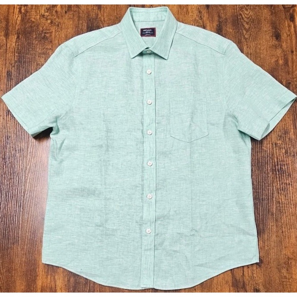 UNTUCKIT Valente 100% Linen Shirt Men's Med Slim Fit Green Short Sleeve Button
